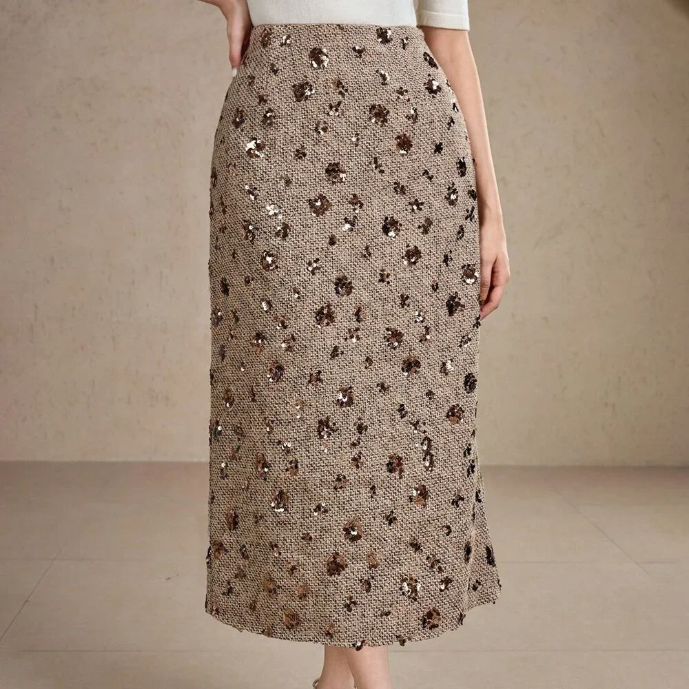 Gold Elegant Women's High Waist Floral Sequin Decor Straight Loose Skirt Skirts
